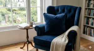 A plump navy blue velvet cushion placed on a classic wingback armchair in a cosy reading nook with a side table and books.