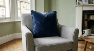 A plump navy blue velvet cushion with a premium duck feather inner pad and a stylish centre chop.