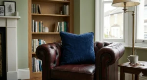 A single navy blue velvet scatter cushion placed on a classic leather wingback armchair in a home study.