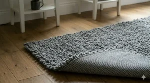 An anti-slip backing shown on the underside of a bedside rug to prevent movement on polished wood.