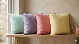 A row of pastel-coloured linen scatter cushions showing affordable options for a spring home refresh.
