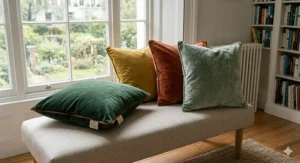 Sustainable velvet cushions made from recycled polyester, featured in earthy forest green and mustard tones on a light-coloured bench.