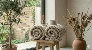 Alt text for image 7: Two rolled cream chunky knit throw blankets displayed on a stool, highlighting the soft texture and tidy storage options for a living room.