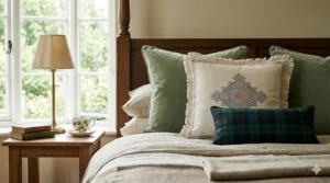 A row of sage green and cream luxury throw pillows, ideal for a sophisticated neutral interior.