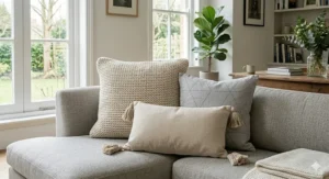 Minimalist neutral-toned decorative cushions for a sofa featuring geometric patterns and tassels.