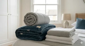 An illustration showing a switch between a lightweight 4.5 tog summer duvet and a heavy 13.5 tog winter duvet.