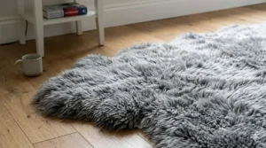 Close-up of grey sheepskin bedside rugs showing the thick, soft pile for a cosy morning feel.