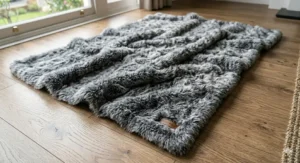 Close-up texture of a high-quality grey and white faux fur throw laid flat on a light oak wooden floor.