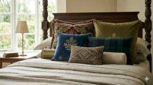 An arrangement of square and lumbar-shaped luxury throw pillows to demonstrate tiered styling.