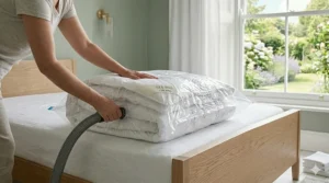 A detailed close-up photograph of hands folding a heavy, baffled-box-stitch winter feather and down duvet (with a 13.5 TOG tag) into a clear vacuum storage bag.