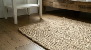 Hand-woven sustainable jute bedside rugs placed next to a reclaimed wood bed frame.