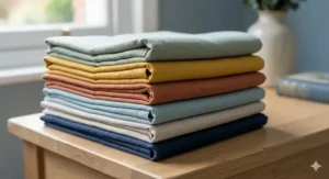 Sustainable and eco-friendly linen cushion covers made from organic European flax, folded neatly on a wooden bench.