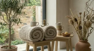 Alt text for image 9: Close-up of two rolled chunky knit throw blankets made from natural wool, styled with British ceramic mugs and botanical elements.