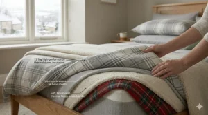 A diagram explaining how thermal bed linen traps heat to provide warm bedding for winter.