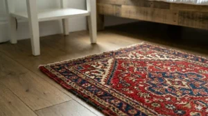 Small Persian-style bedside rugs with intricate red and gold detailing in a classic English cottage bedroom.
