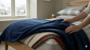 A heavy navy blue velvet bedspread layered over a duvet for luxurious, warm bedding for winter.