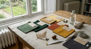 A flat lay of velvet fabric swatches in popular UK interior colour trends like sage green, terracotta, mustard, and charcoal.