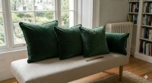 A guide to velvet cushion sizes including standard square and rectangular bolster shapes displayed on a neutral fabric seat.