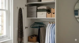 An open built-in wardrobe showing velvet clothes hangers, drawer dividers, and storage boxes for seasonal clothes.