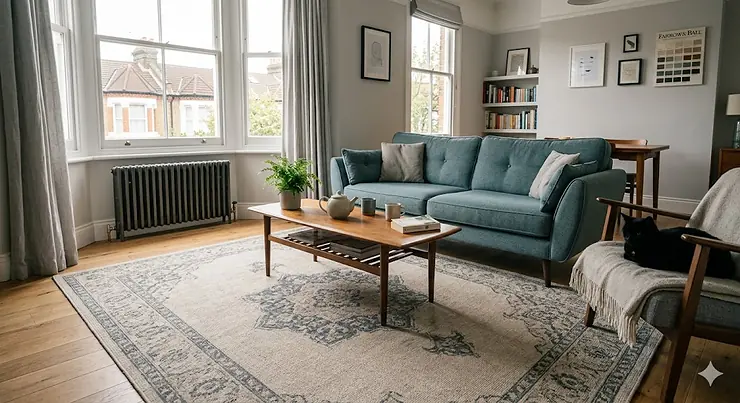 A large grey and blue 240x340 area rug styled in a modern British lounge with sash windows and a traditional column radiator. affordable area rugs 240x340