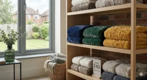 A stack of various coloured faux fur throws, including navy, forest green, and ochre, all priced under £40.