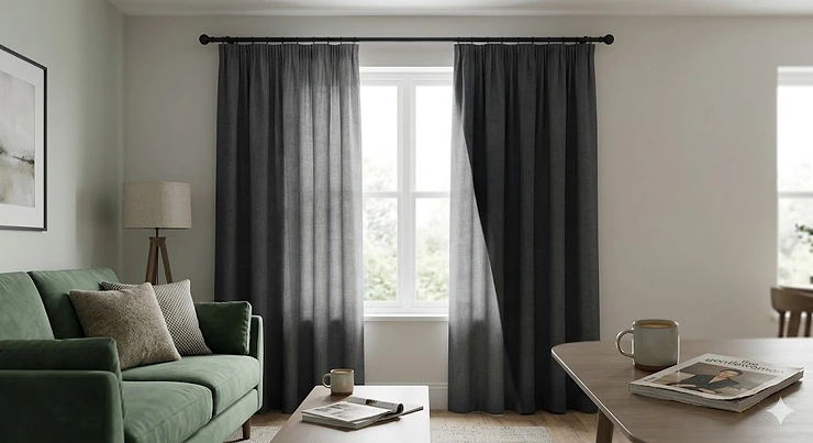 A pair of stylish charcoal grey blackout curtains hung in a modern British bedroom, offering total light blockage for under £50. blackout curtains under £50