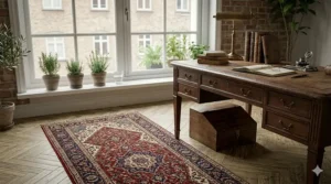 A narrow Oriental runner rug under £150 used to decorate a bright and airy British hallway with parquet flooring.