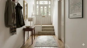 An affordable washable runner rug in a neutral geometric print laid in a narrow Victorian terraced house hallway.