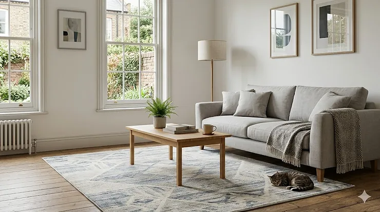 A stylish grey patterned washable rug under £100 styled in a modern British living room with a fabric sofa and oak coffee table. affordable washable rugs under £100