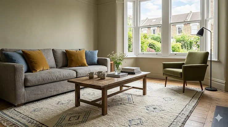 A large cream hand-tufted wool rug styled in a bright British lounge with a grey sofa and sash windows, priced under £200. affordable wool rugs under £200