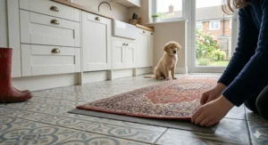 A kitchen runner rug being secured to patterned ceramic tiles using anti-slip grippers, featuring a classic British Belfast sink in the background.