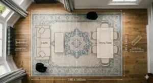 An overhead size guide diagram showing a 240x340 area rug's coverage relative to a standard UK sofa and dining set.