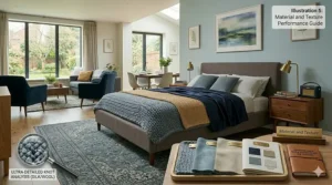 A plush 200x300cm rug framing a king-size bed, featuring a detailed material analysis for bedroom comfort and style.