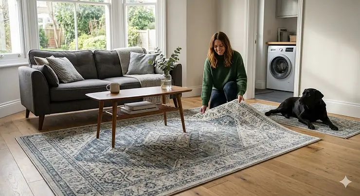 A high-resolution, photorealistic shot of a woman folding a patterned, machine washable rug in a sunlit British living room, with a dog resting nearby and a washing machine visible in the utility area. machine washable rugs