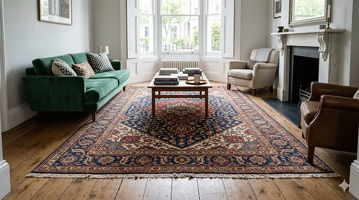 A selection of the best Persian rugs styled in a bright, modern London living room with hardwood floors. best Persian rugs
