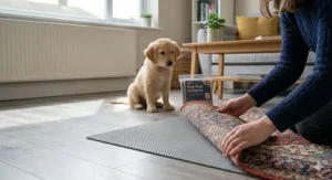 A high-quality illustration showing a grey rug pad being laid onto a light-coloured laminate floor to provide a secure, non-slip base.