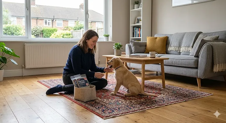 A photorealistic scene in a British living room showing a woman and a puppy on a Persian-style rug secured to a wooden floor with the best rug grippers. best rug grippers