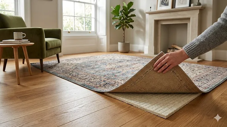 A plush area rug with a protective non-slip rug pad underneath on a light oak hardwood floor in a modern British living room. rug pads for hardwood floors