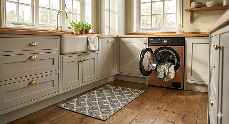 A large, patterned washable rug styled in a high-traffic family lounge with modern British decor. washable rugs for high traffic areas