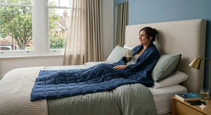 A person relaxing on a bed under a high-quality navy weighted blanket, styled for a modern British home. best weighted blankets