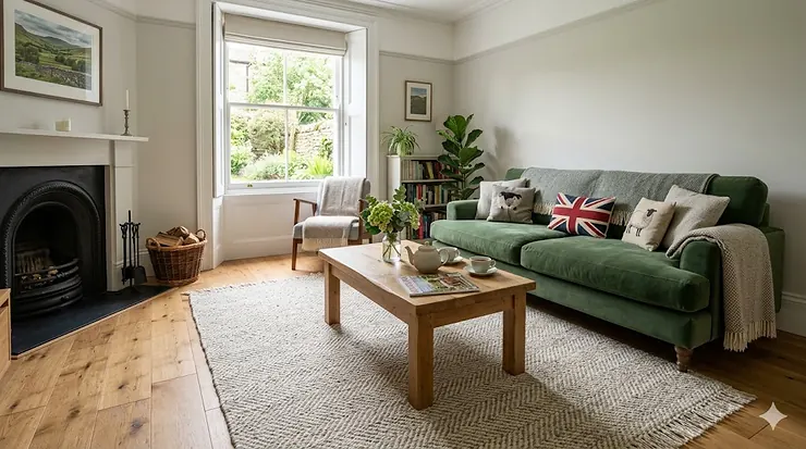 Alt text for a large, grey herringbone wool rug styled in a modern British sitting room with a green velvet sofa and oak wood flooring. best wool rugs