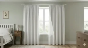 A selection of fabric swatches showing various colours available for blackout curtains, including ochre, sage, and navy.