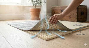 Illustration of the honeycomb structure of a breathable rug pad, highlighting airflow to prevent moisture on timber floors.