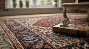 A traditional red Oriental rug styled in a professional UK home office setup with a vintage wooden desk.