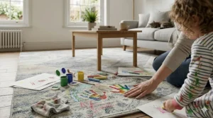 A young child playing with wooden toys on a soft, blue machine-washable rug in a British nursery.