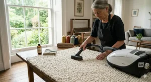 A candid, photorealistic close-up capturing a skilled craftsperson meticulously cleaning a luxurious, textured cream-coloured New Zealand wool rug spread across a reclaimed oak plank floor. She is gently vacuuming a section of the rug using a Miele C3 Complete vacuum cleaner with a soft-pile brush attachment, highlighted by soft natural daylight from a large Georgian window. A small wooden sign on the nearby workbench reads: 'GENTLE CARE GUIDE'.