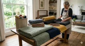 A beautiful curated selection of premium New Zealand wool rugs displayed in a naturally lit, traditional British artisanal studio next to a Georgian window. The image showcases contemporary British colours including sage green, navy blue, charcoal, and mustard yellow, each with the characteristic dense, tactile, hand-woven texture.
