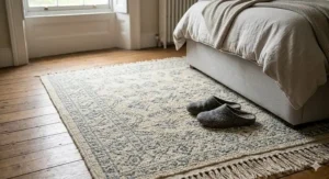 A soft, thick wool rug positioned next to a bed on original floorboards, showing a cosy bedroom setup for under £200.