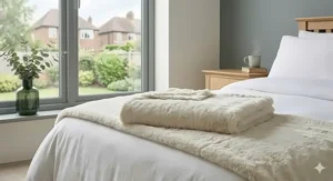 A plush cream faux fur throw folded at the foot of a double bed in a British bedroom setting.