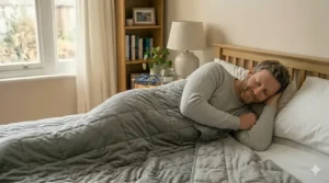 A man resting comfortably under a 6.8kg weighted blanket for deep sleep.